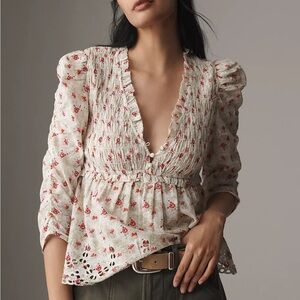 Anthropologie smocked ruched floral top